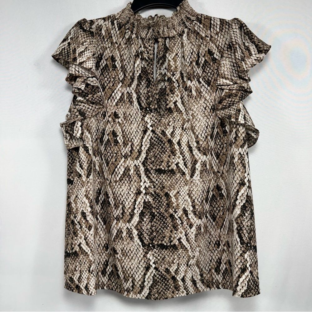 Snake Print Ruffle Sleeve Mock Neck 1.STATE Brown Top Size M Medium - Picture 2 of 9
